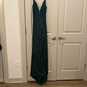 dark green beaded sparkly prom dress with thigh slit